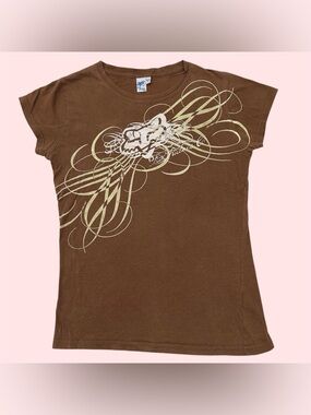 Y2K Fox Racing Tribal Graphic Tee Baby Doll Medium Brown